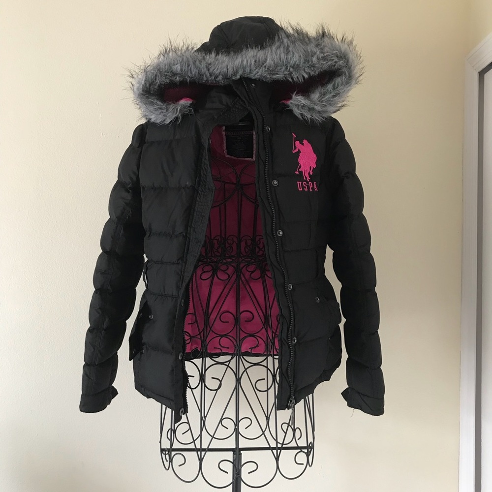 Black Coat with Faux Fur Hoodie (US Polo Assn.)